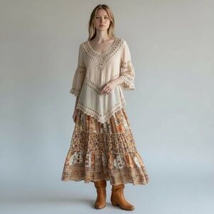 Vivid Importer Crochet V Neck Tan 3/4 Sleeve Pullover Bohemian Cover Up Top
